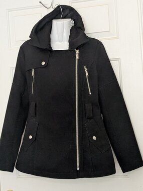 BCBGeneration Asymmetrical Zipper Black Coat Size M .